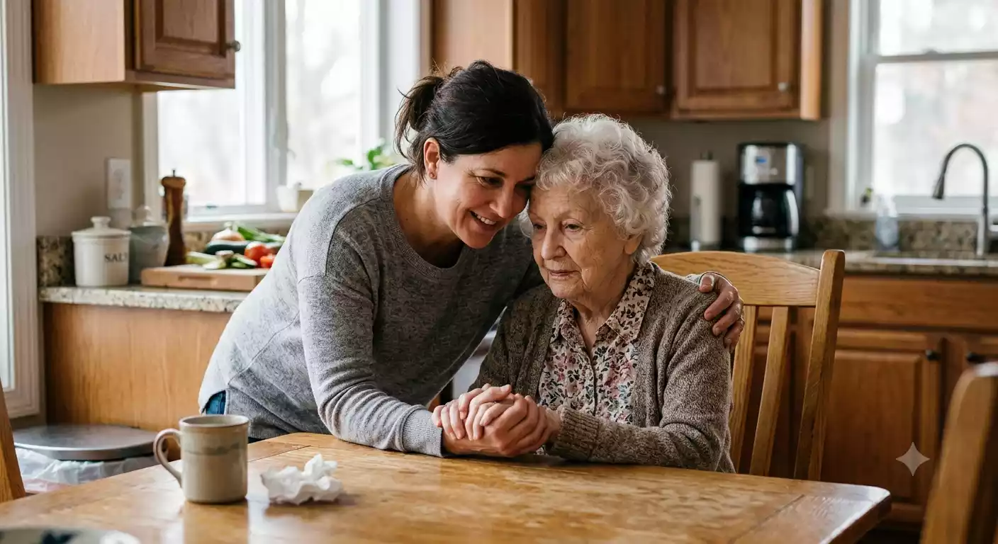 Adult child comforting elderly parent in kitchen