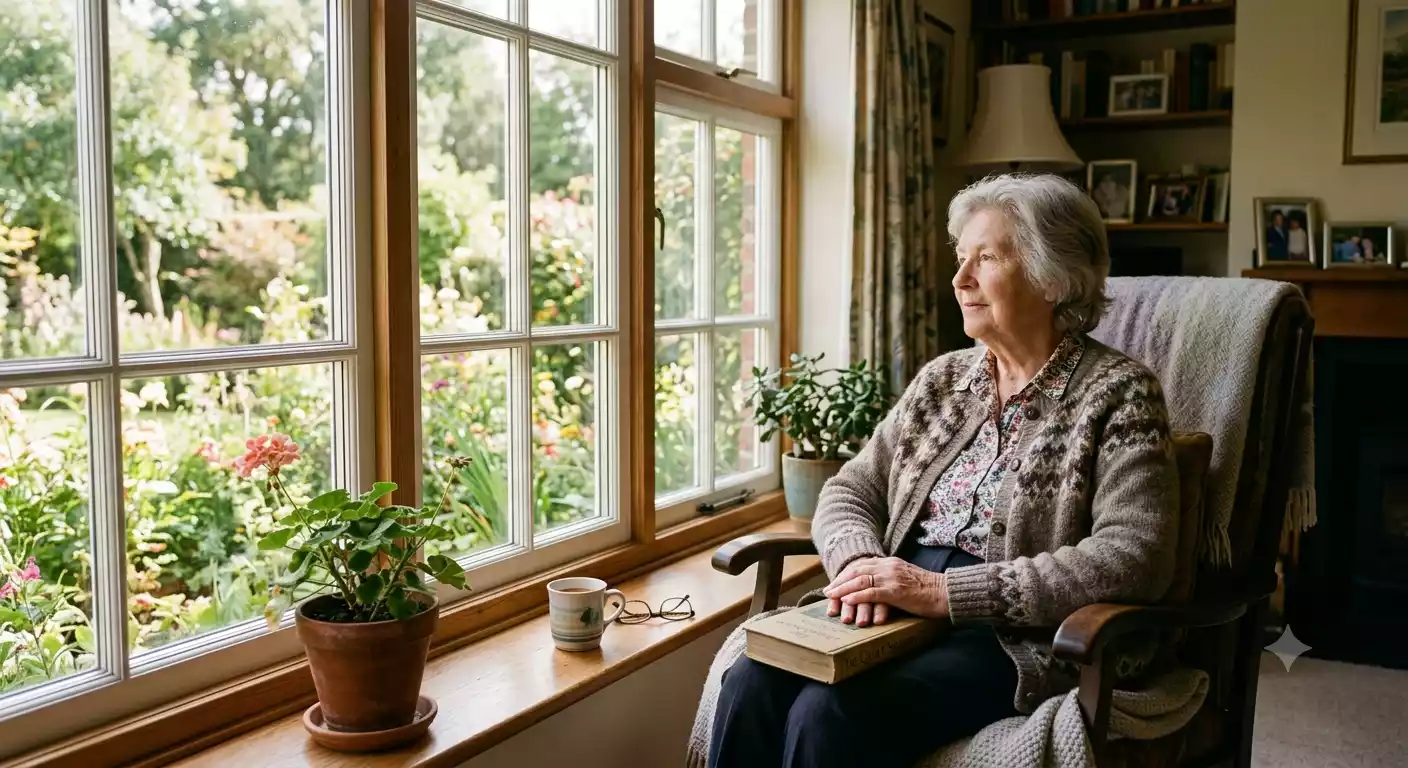 Elderly woman sitting by window, alone