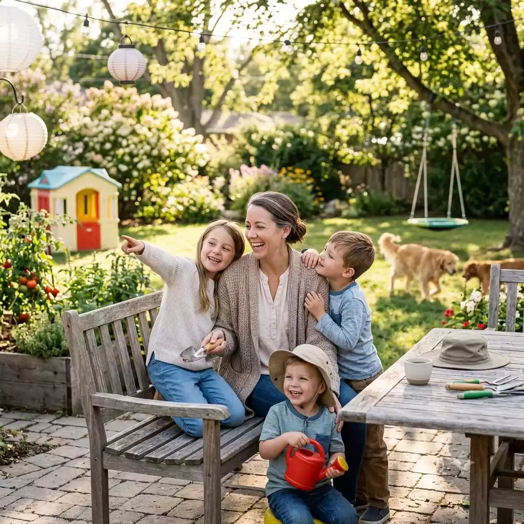 Grandmother with grandkids in the backyard