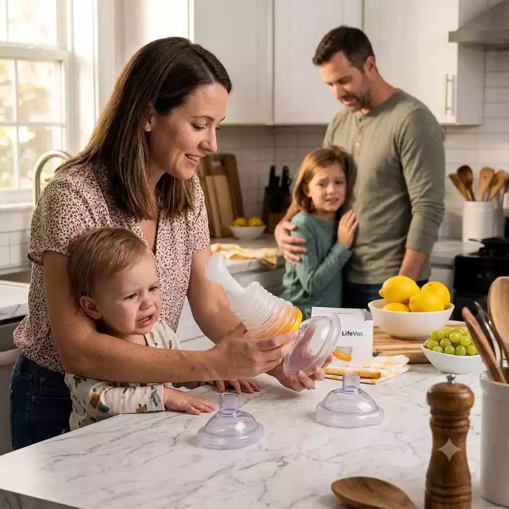 Mother using LifeVac in kitchen, family nearby