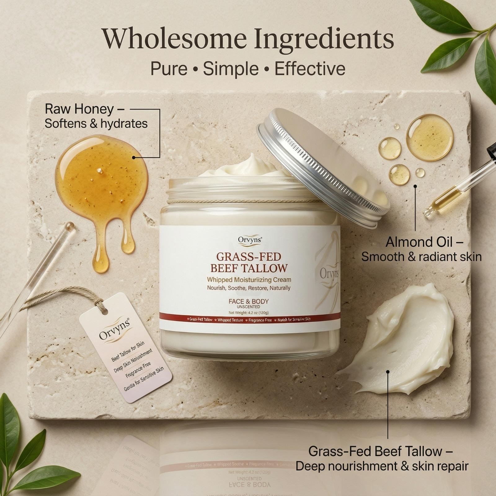 Orvyns tallow cream in a bathroom skincare setting